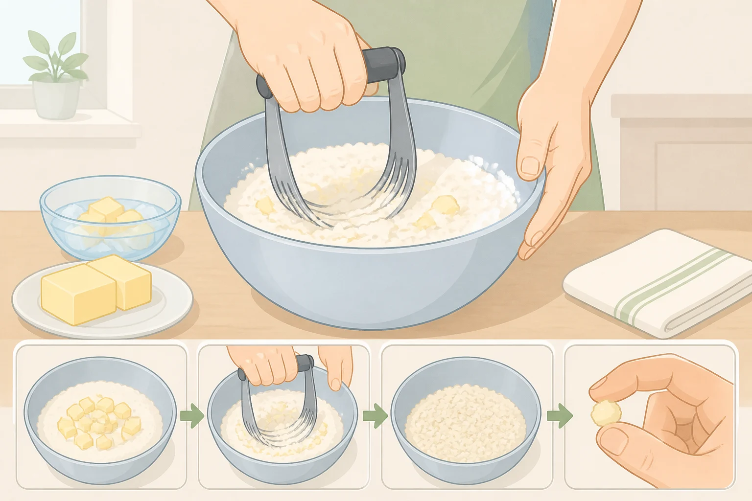 Close-up of cold diced butter being cut into flour for how to make the best chicken pot pie crust, with the mixture looking sandy and pea-sized butter pieces visible