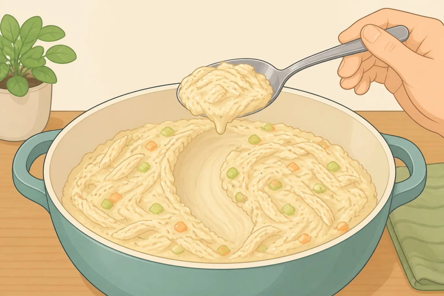 A saucepan of chicken pot pie filling thickened to leave a clear spoon trail, with no pooling liquid around the edges