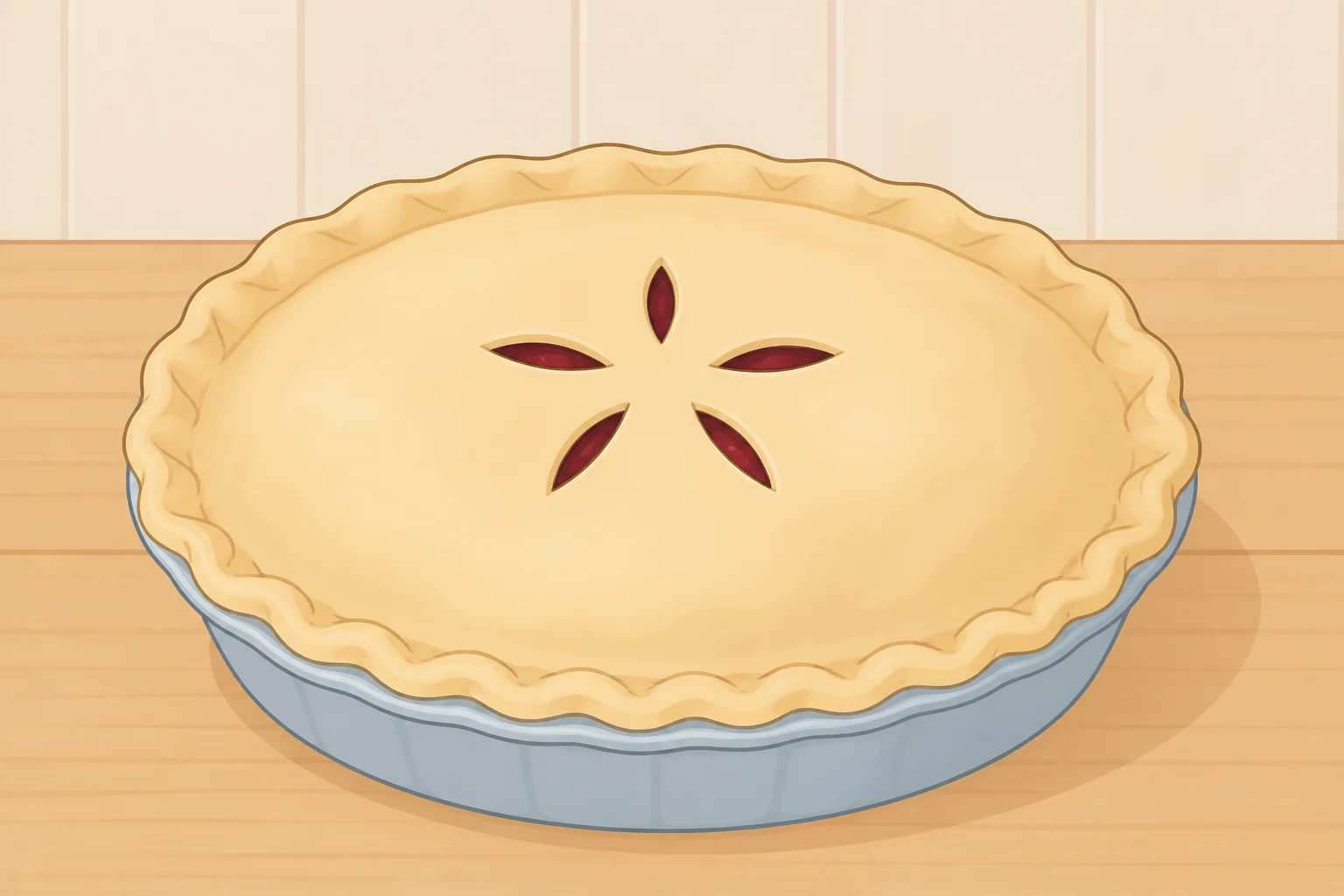 Chicken pot pie with a rolled top crust pressed against the rim, egg-washed surface, and slits/vents cut in the center before baking