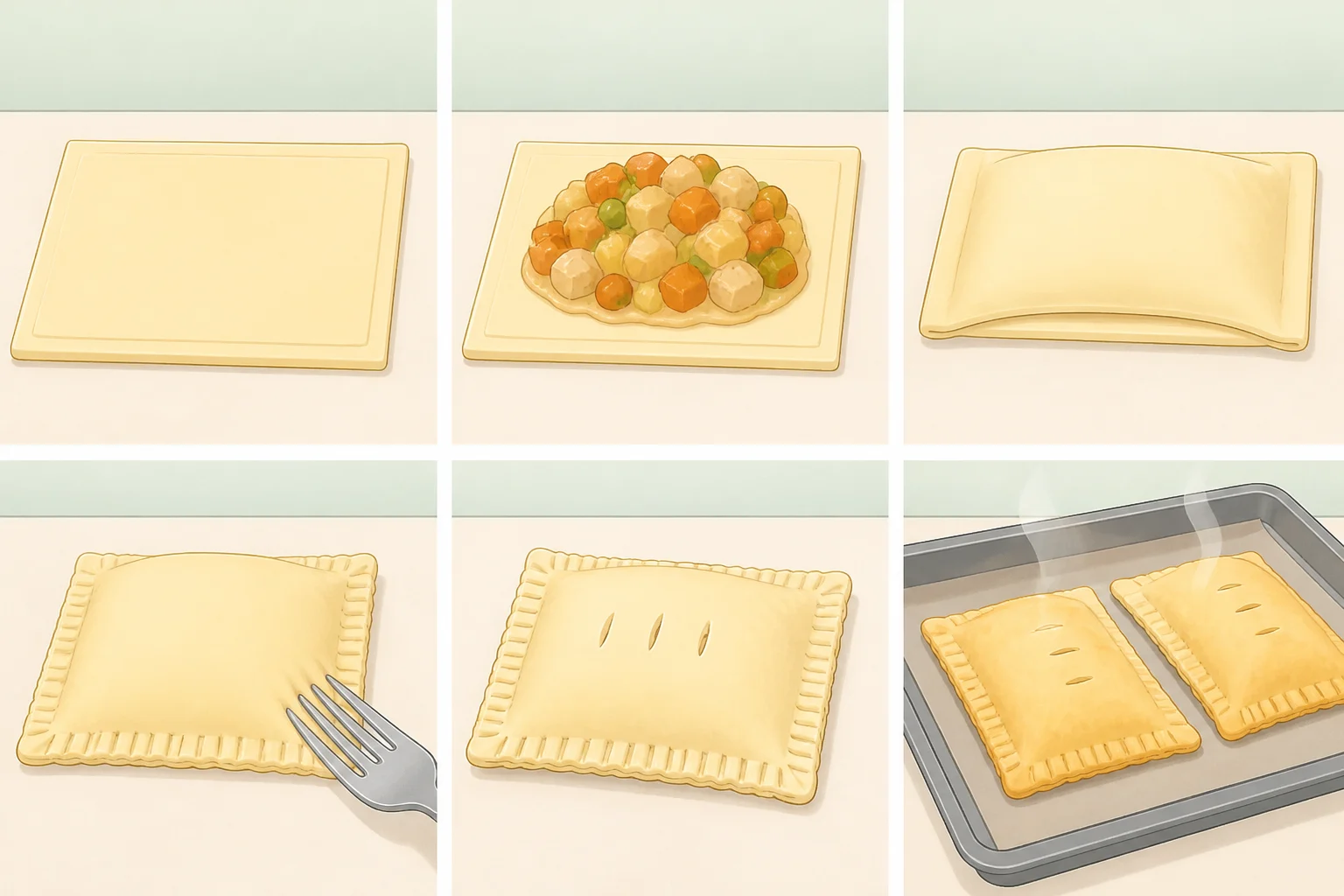 Four assembled puff pastry chicken pot pie pockets with crimped edges and 1-inch vents on top, ready to bake on a lined sheet