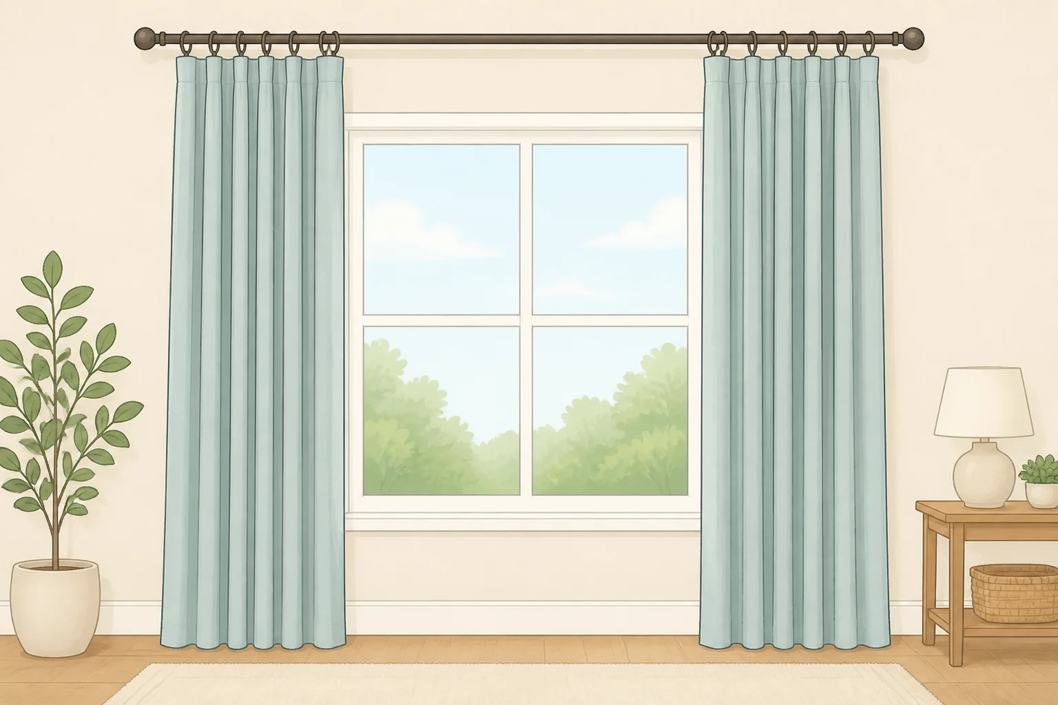 Curtain rod hung higher than the window casing so open panels clear the glass, illustrating how to make a dark living room brighter with curtains