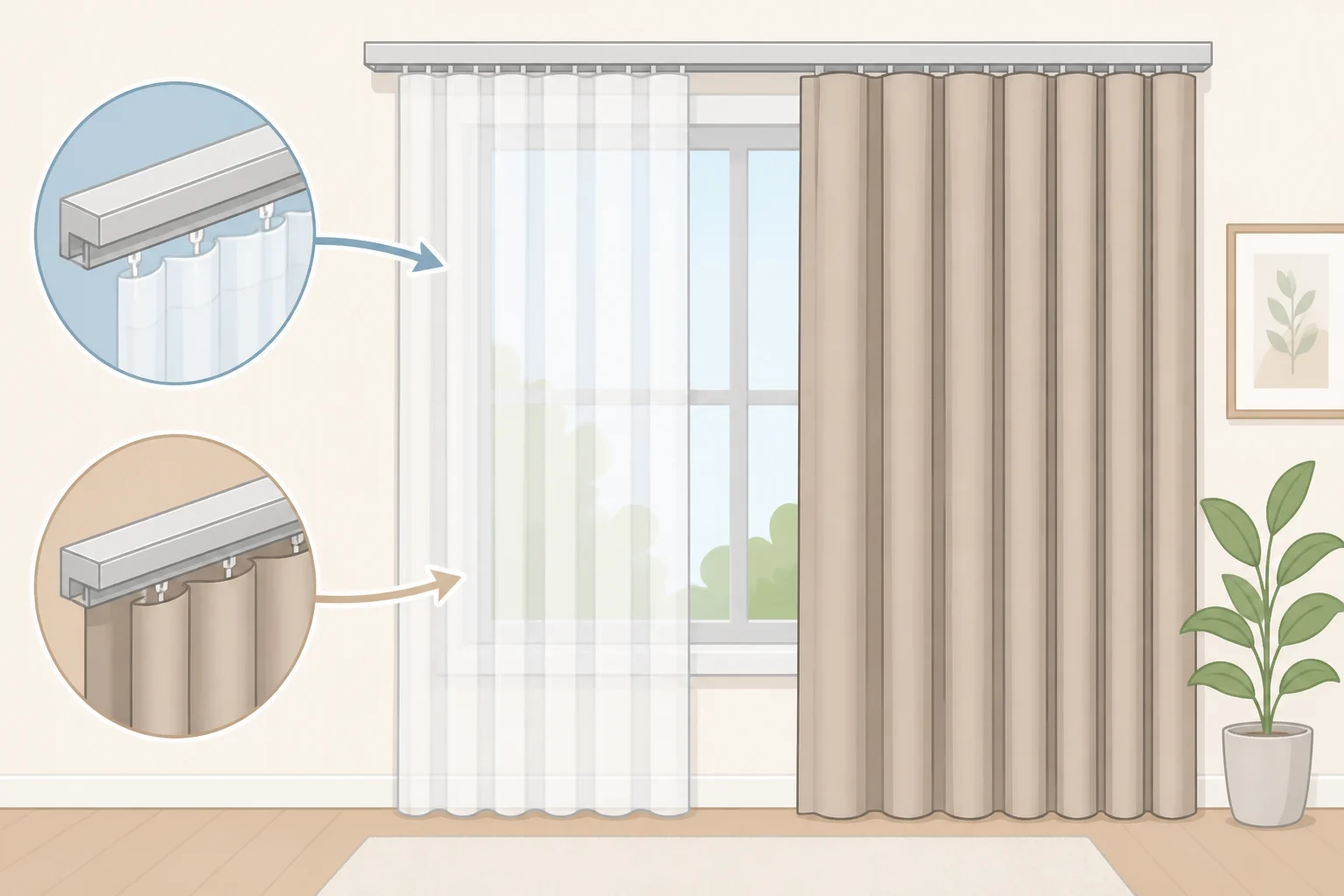 Layered curtains with a sheer panel near the glass and a solid or blackout curtain on an outer track to diffuse daylight and add nighttime privacy