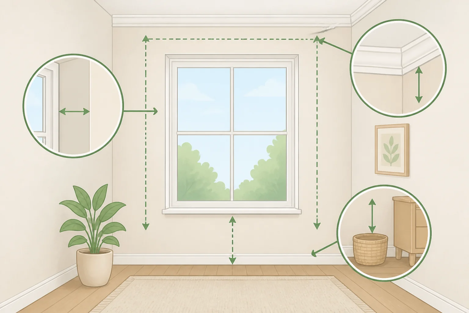 A diagram of a window showing how to verify side wall space, ceiling molding clearance, and floor items that could block a full-length curtain panel from opening