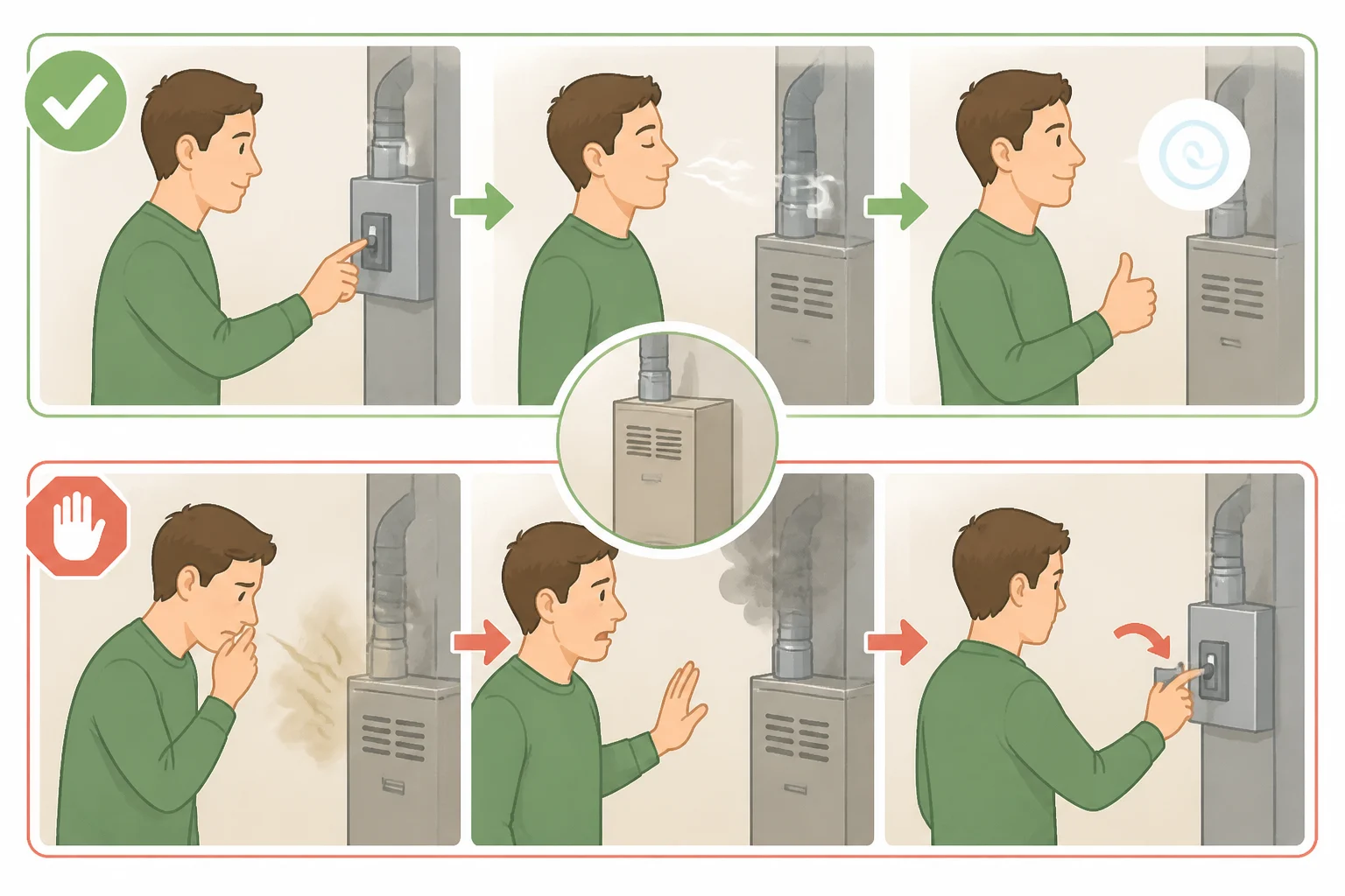 Comparison illustration of furnace startup smells: normal faint dust-burning odor that fades versus gas odor or burning-plastic/electrical smells that require shutting off and calling help