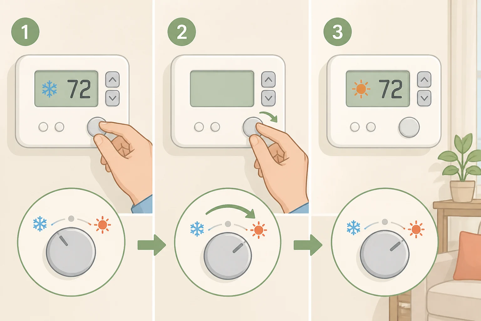 Thermostat showing mode switched from Cool to Heat to illustrate when to switch from AC to heat