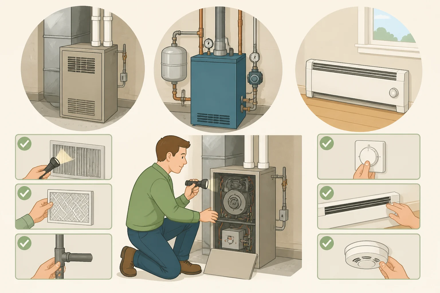 Checklist-style illustration comparing forced-air furnace filter and vent clearance, boiler bleeding guidance, heat pump outdoor clearance, and baseboard or plug-in heater inspection before starting the season