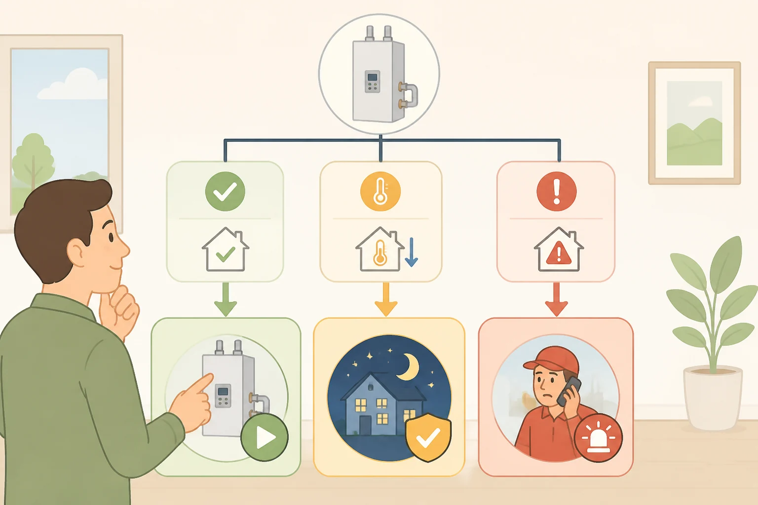 Decision diagram showing test run on a mild day, first overnight heating decision after comfort and safety checks, and a loss-of-heat emergency plan for when to turn on the heat