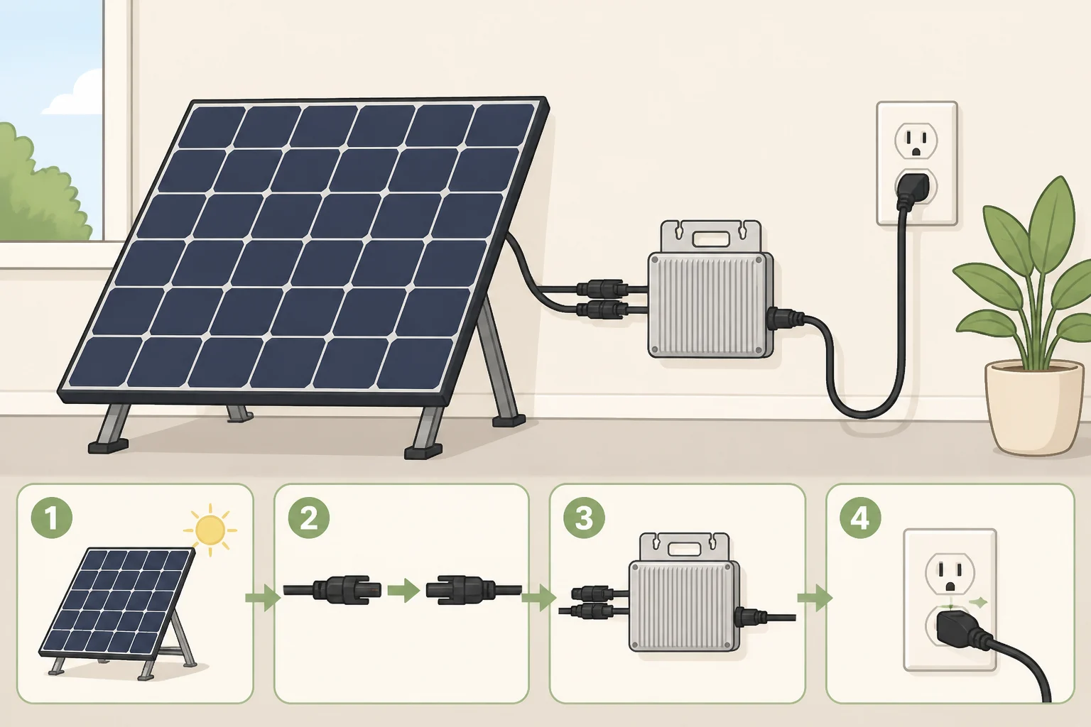 Illustration of an outlet-connected solar panel using a microinverter that plugs into a standard AC outlet, highlighting no battery, no new circuit, and no breaker-panel wiringaligned with plug-in solar panels legal states guidance.