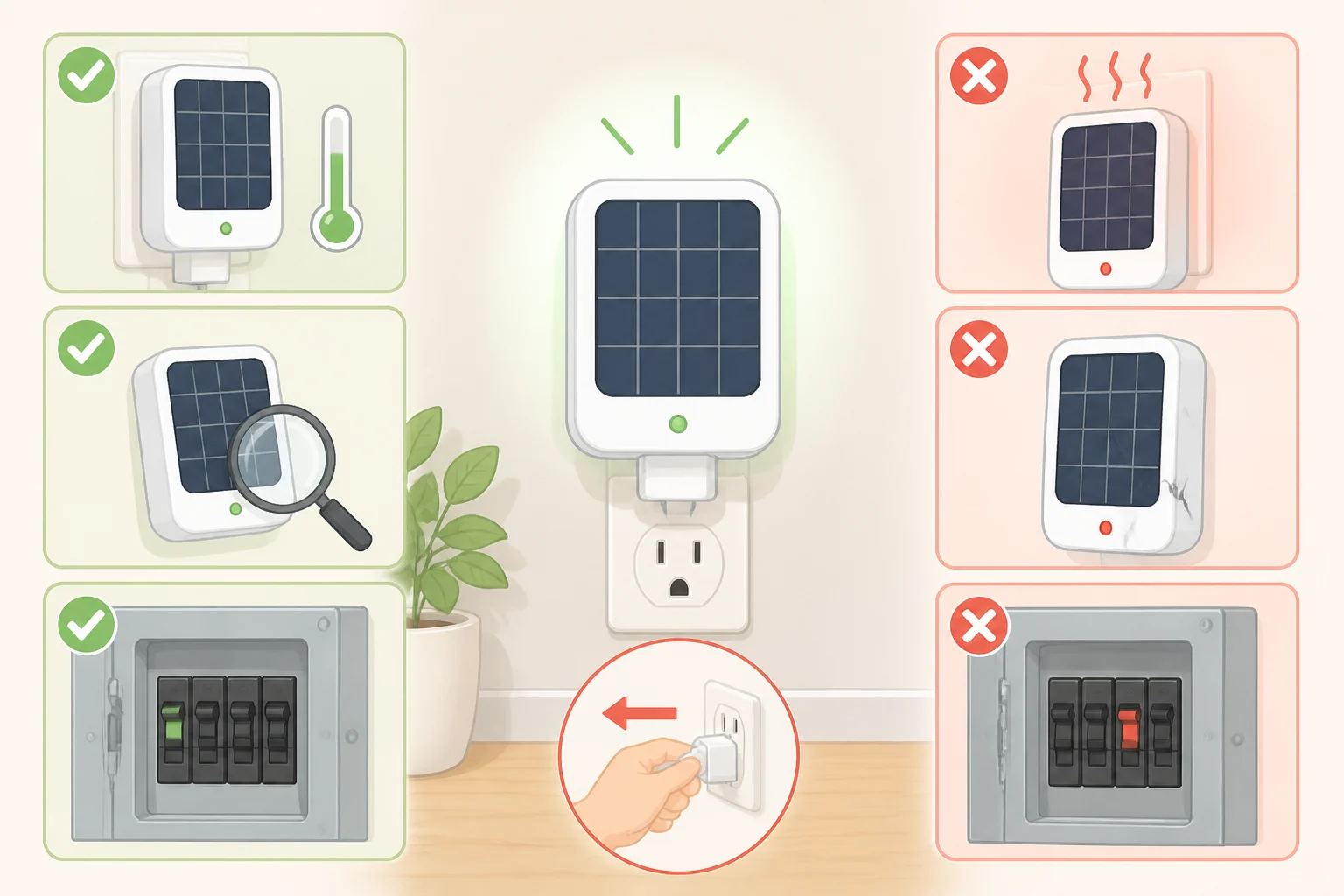 Safety checklist graphic for a plug-in solar panel: inspection of the outlet, cord, and plug for heat or discoloration, and a highlighted warning to unplug/stop use if a breaker trips or burning smell appears.