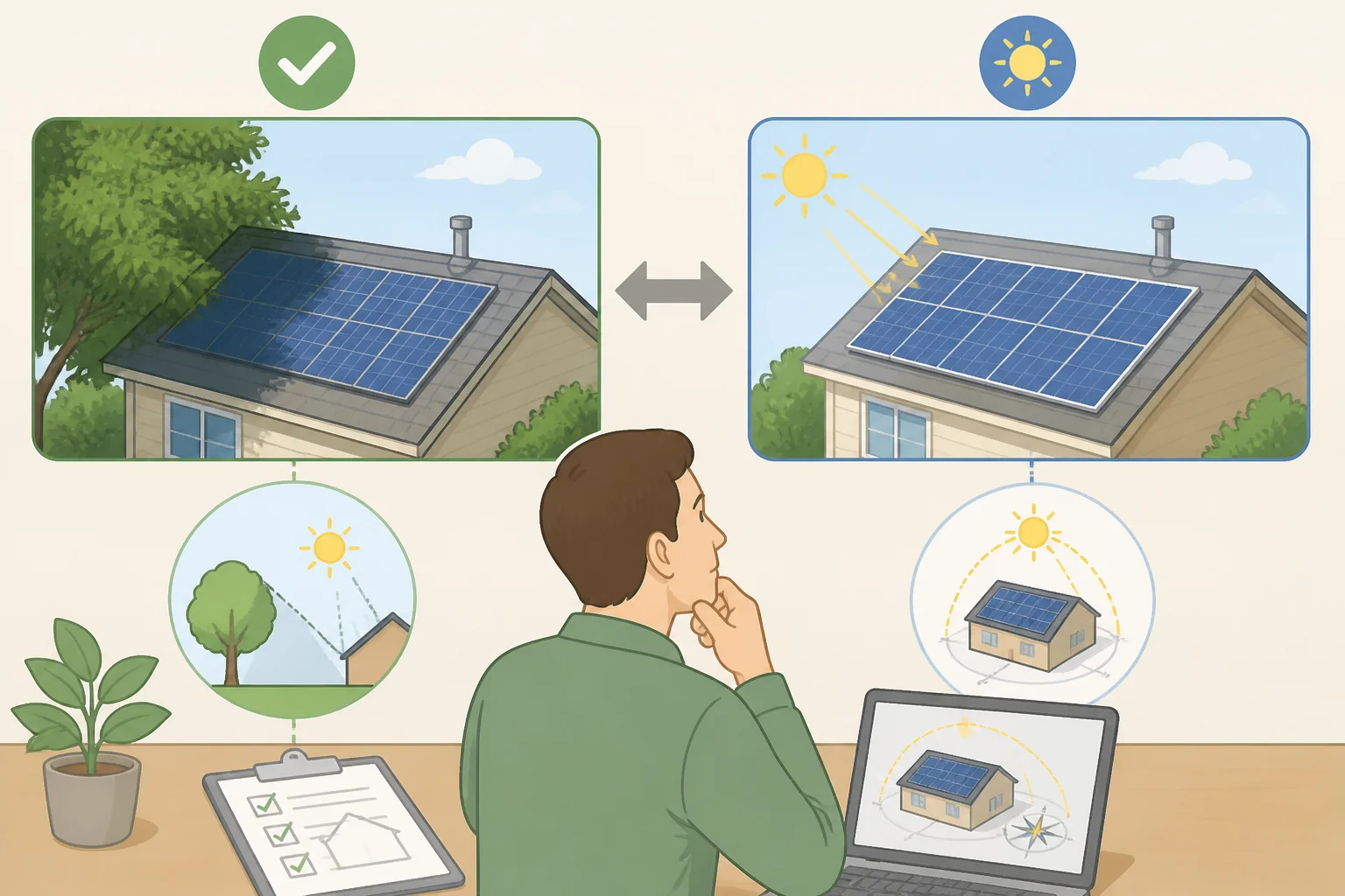 Illustration of a small balcony/side-facade solar setup with arrows indicating sun exposure, shading obstacles, and tilt/orientation, helping readers assess how conditions affect expected output.