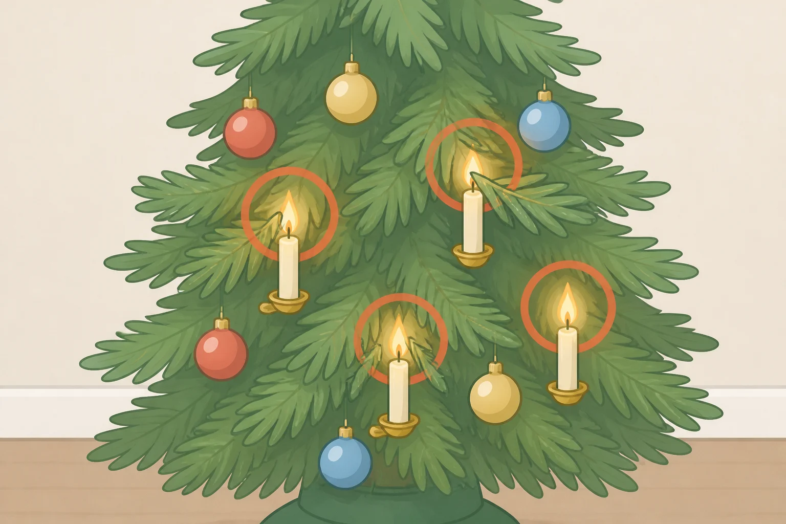 Illustration of a Christmas tree surrounded by holiday candles and greenery to emphasize why you should not use open flames to decorate a tree