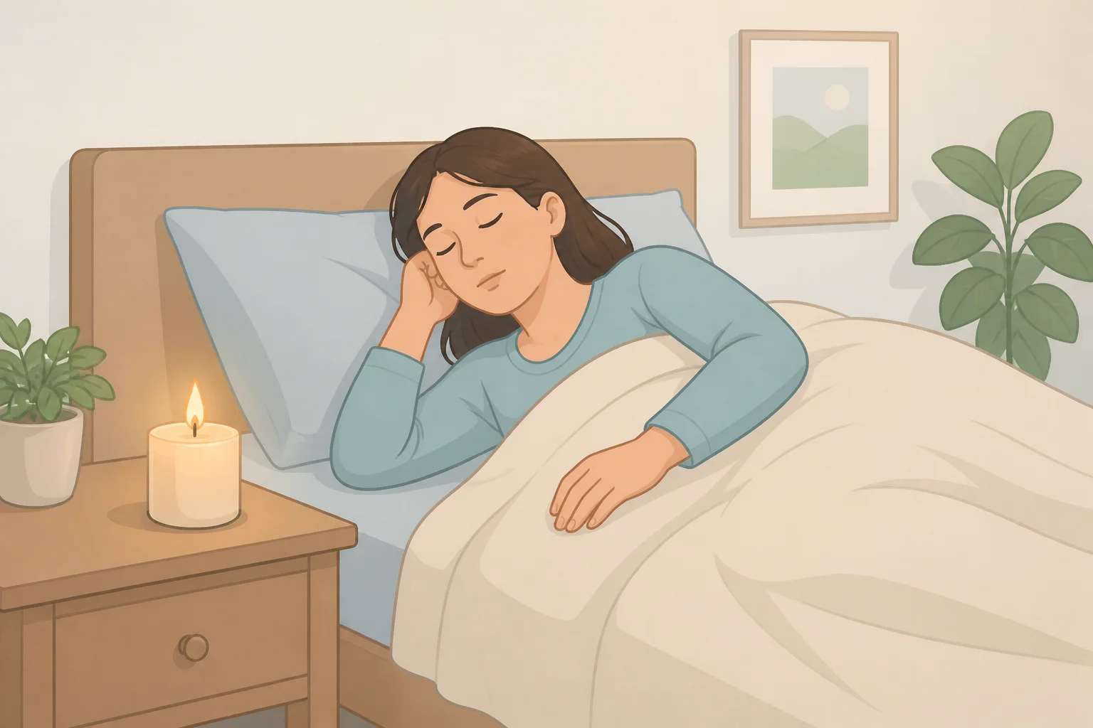 Illustration of a bedroom with a lit candle on a nightstand next to a bed, highlighting why you should never burn a candle in places where someone might fall asleep