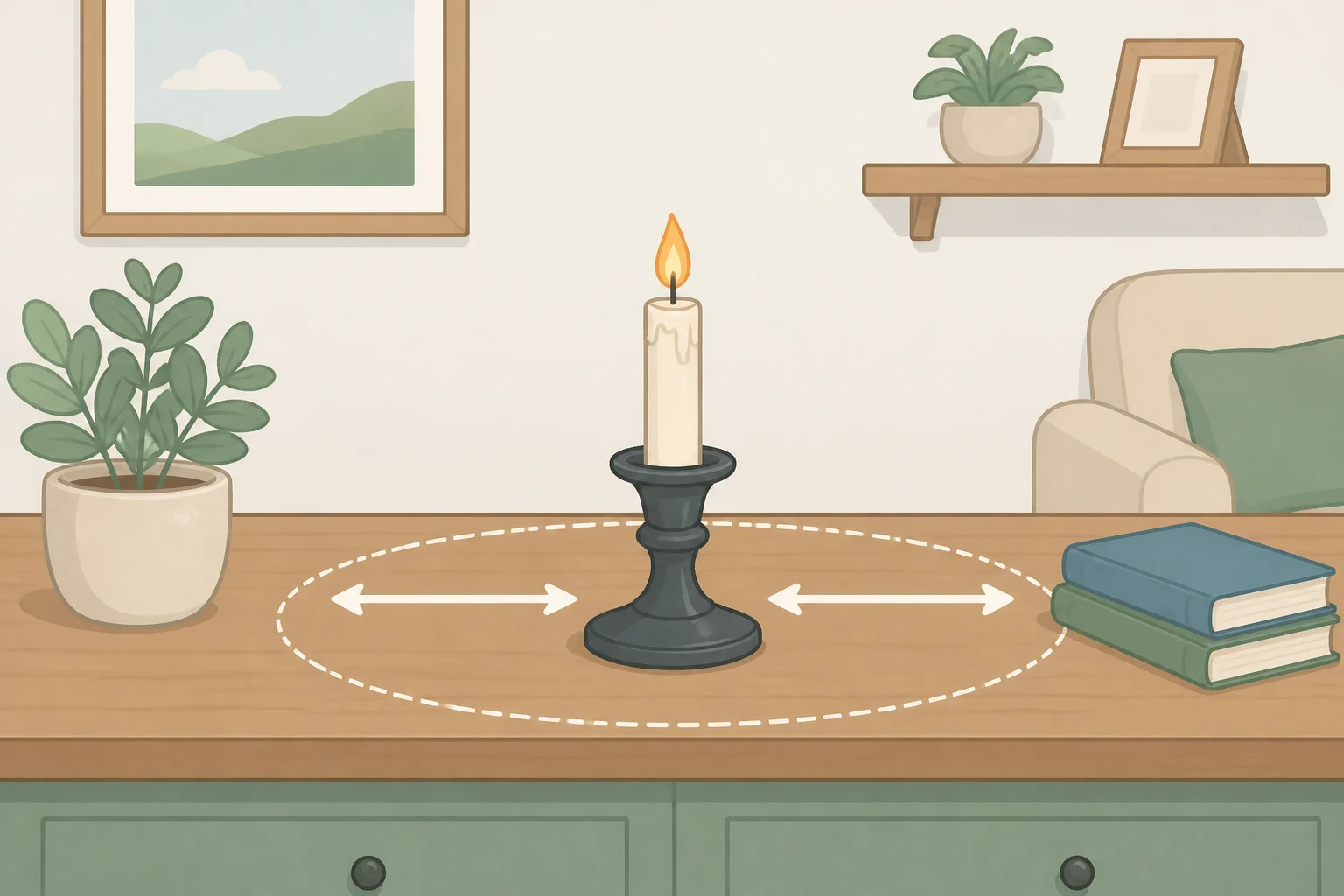 Illustration of a candle in a stable holder on a clear tabletop with one-foot clearance around it, reinforcing universal rules for places you should never burn a candle
