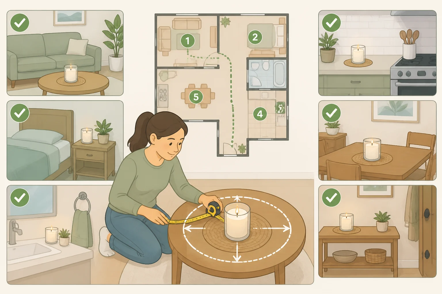 Illustration of a homeowner using a tape measure to check one-foot clearance in every direction around a candle spot as part of the 10-minute candle check