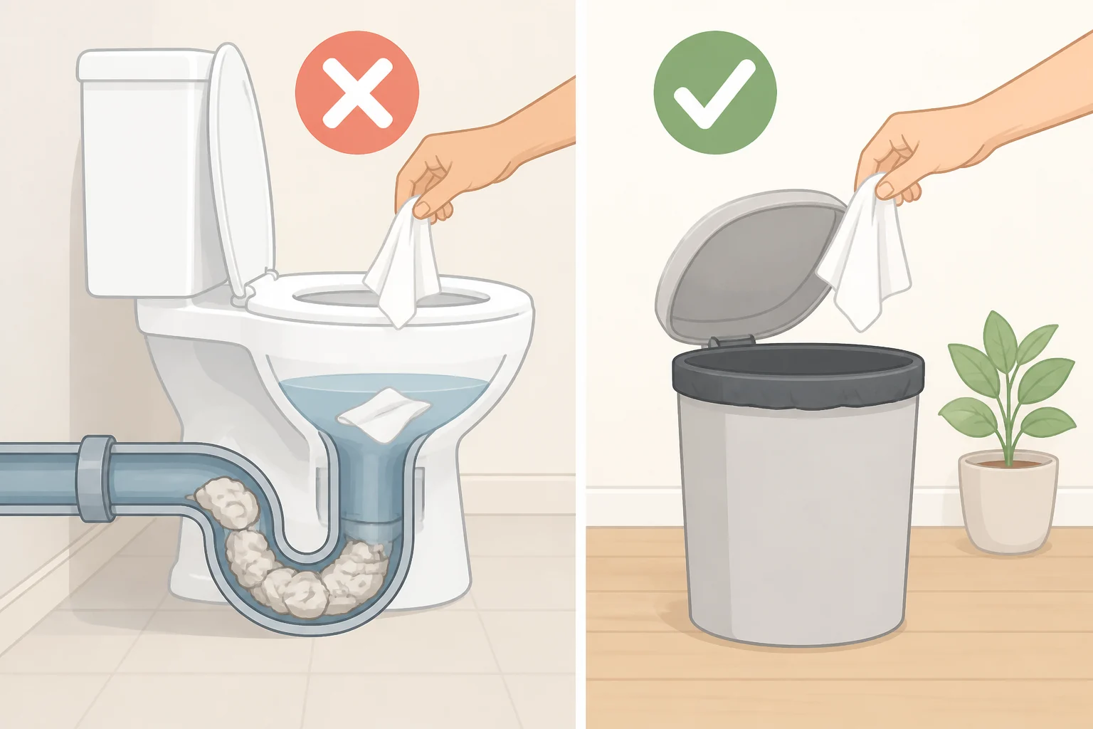 Illustration of common plumbing mistakes homeowners should avoid: flushable-labeled wipes going into a trash bin next to the toilet instead of being flushed into the drain
