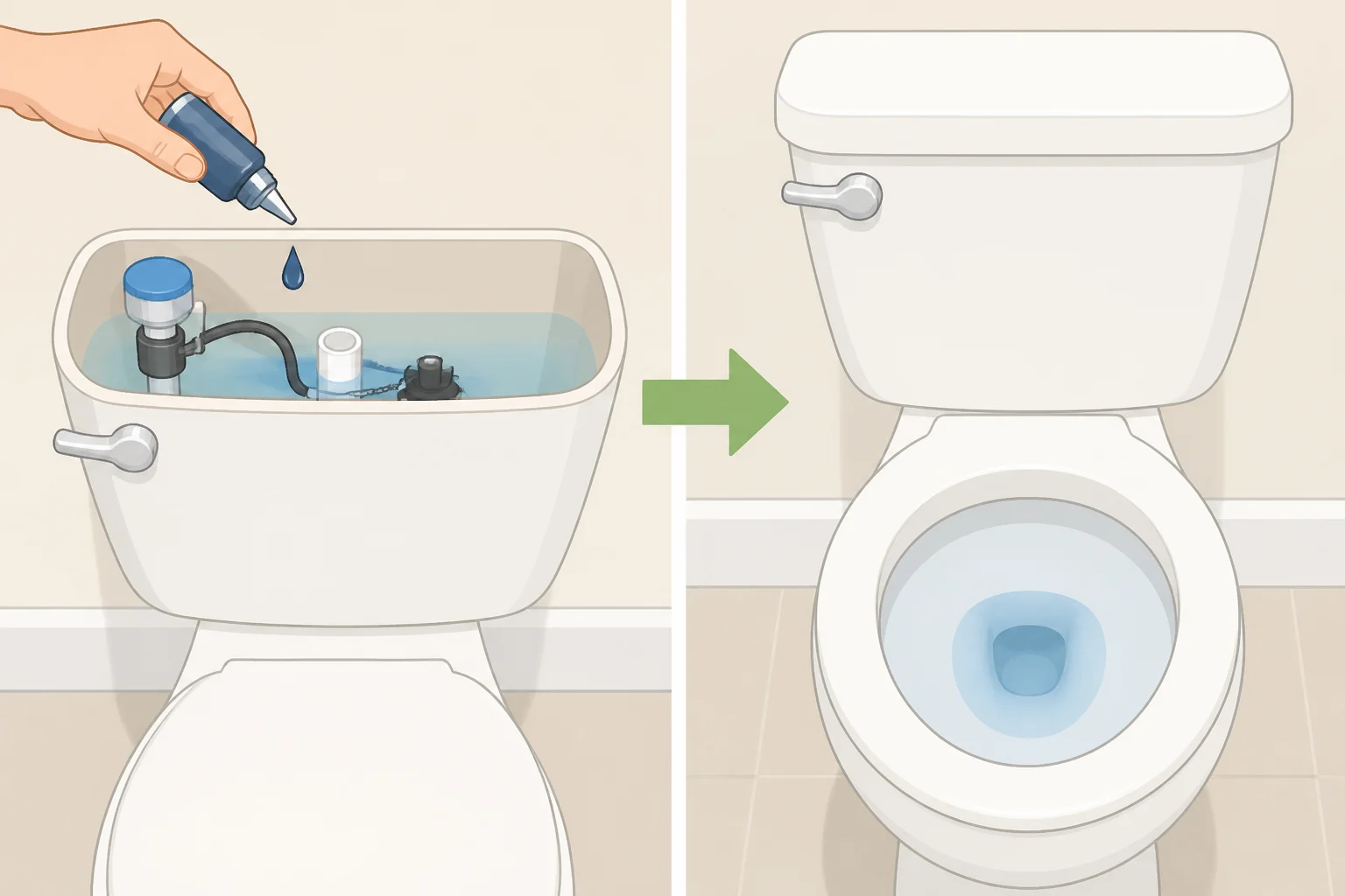 Illustration of a toilet dye test with food coloring added to the tank and visible dye in the bowl indicating a tank leak into the toilet bowl