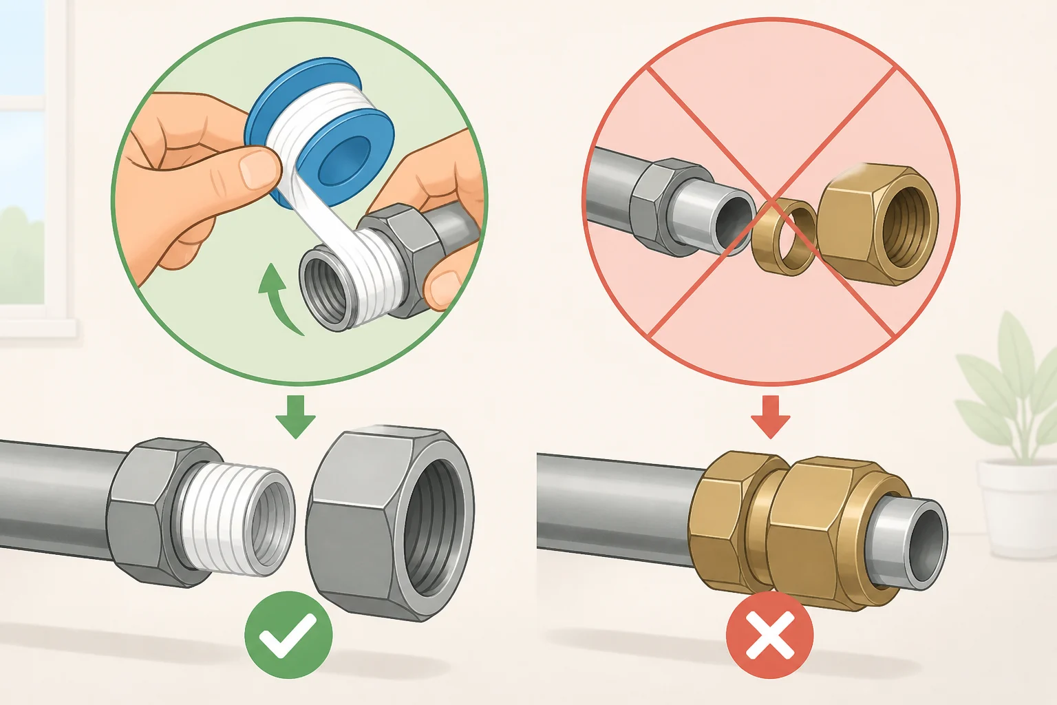 Illustration comparing correct clockwise Teflon tape wrapping on threaded pipe joints versus tape placement on a compression fitting that should not receive tape