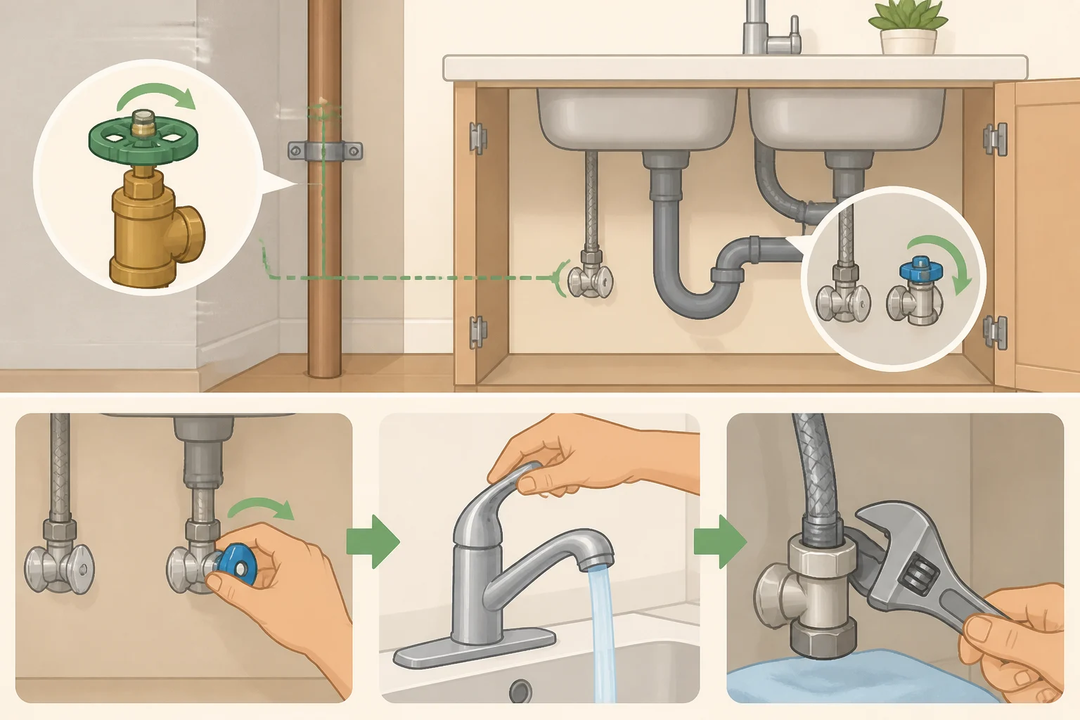 Illustration of an under-sink shutoff valve being closed, the main water shutoff highlighted, and a faucet downstream opened to relieve pressure before repairs