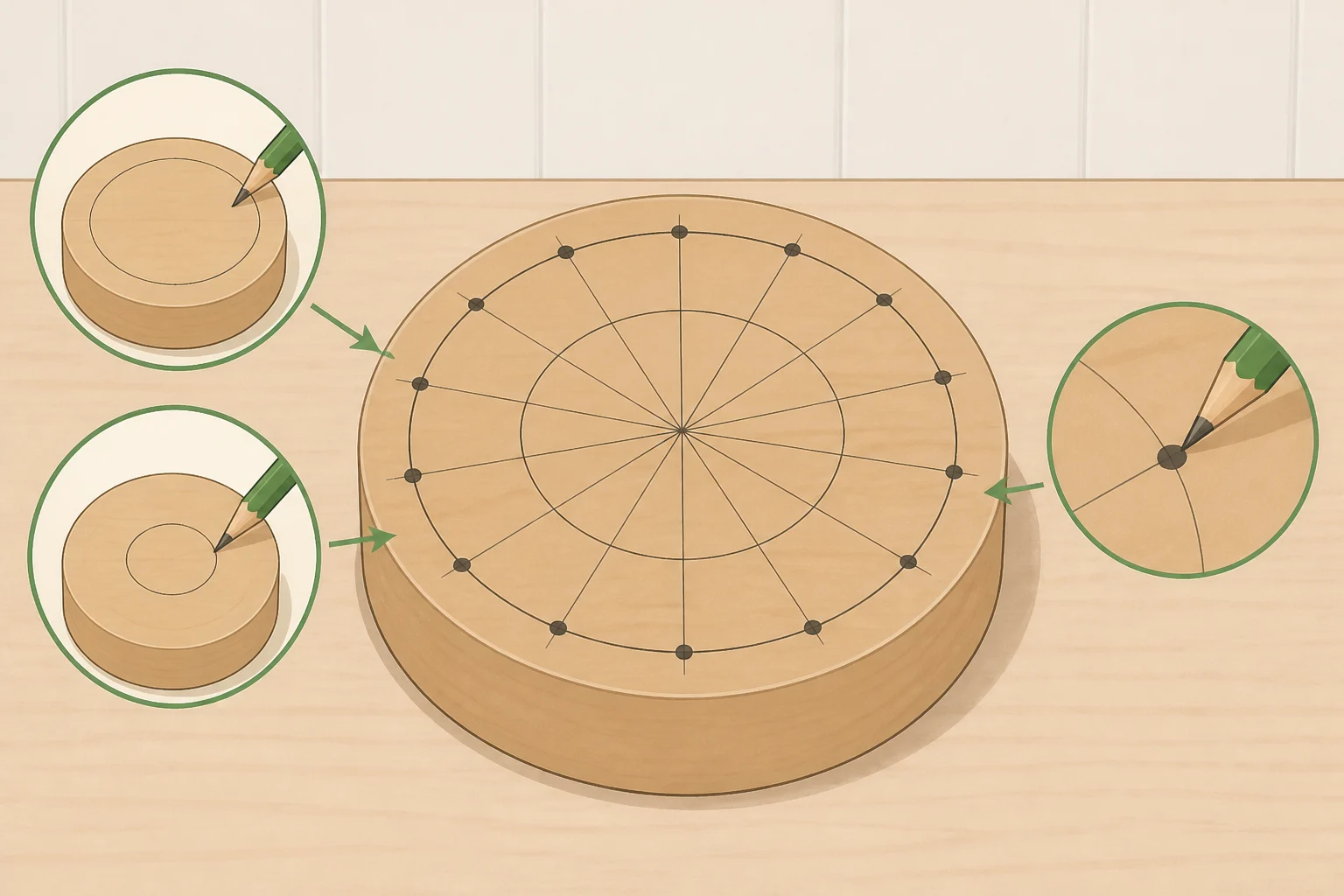 Top view of a hardwood base block with a 3-inch outer circle, a 1.5-inch inner circle, and 15 marked drill-point positions for inserting the steel rods