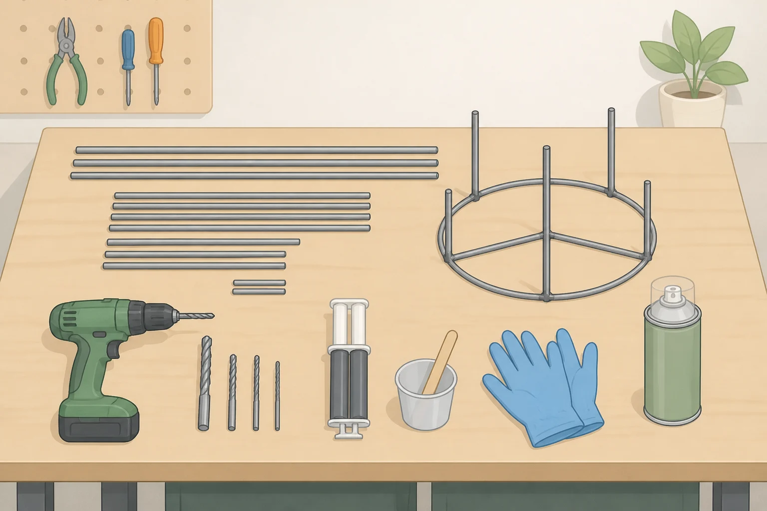 Workbench setup for a DIY Harry Bertoia Sonambient sculpture dupe showing 16-gauge steel wire, drill bits, two-part epoxy, a hardwood base, optional steel washer ballast, and matte black spray paint