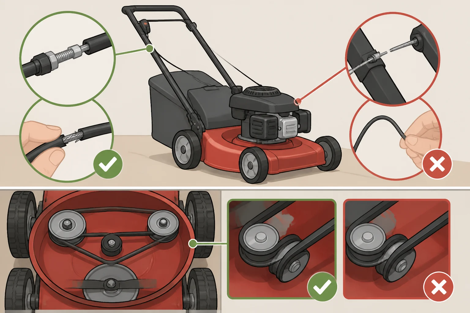 Illustration of a self-propelled push mower with the drive cable and belt compartment highlighted, showing how to inspect for wear, damage, and correct routing.
