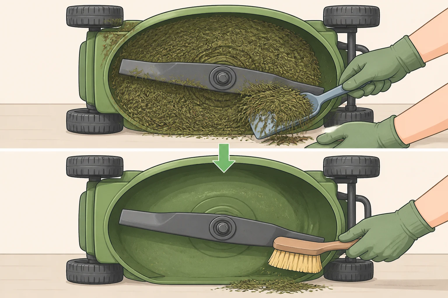 Illustration of a mower deck underside with thick grass packed around the blade being removed to restore blade speed and prevent power loss while cutting.