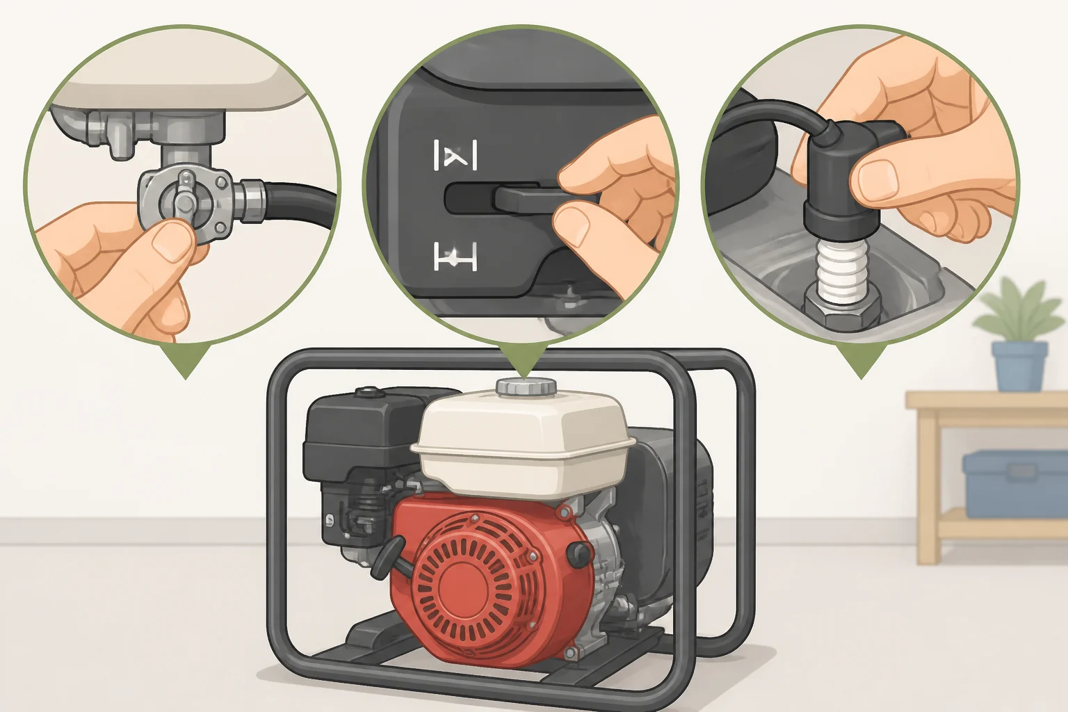 Illustration of a lawn mower engine area where a homeowner checks open fuel valve, correct choke setting for cold starts, and a properly seated spark plug wire.