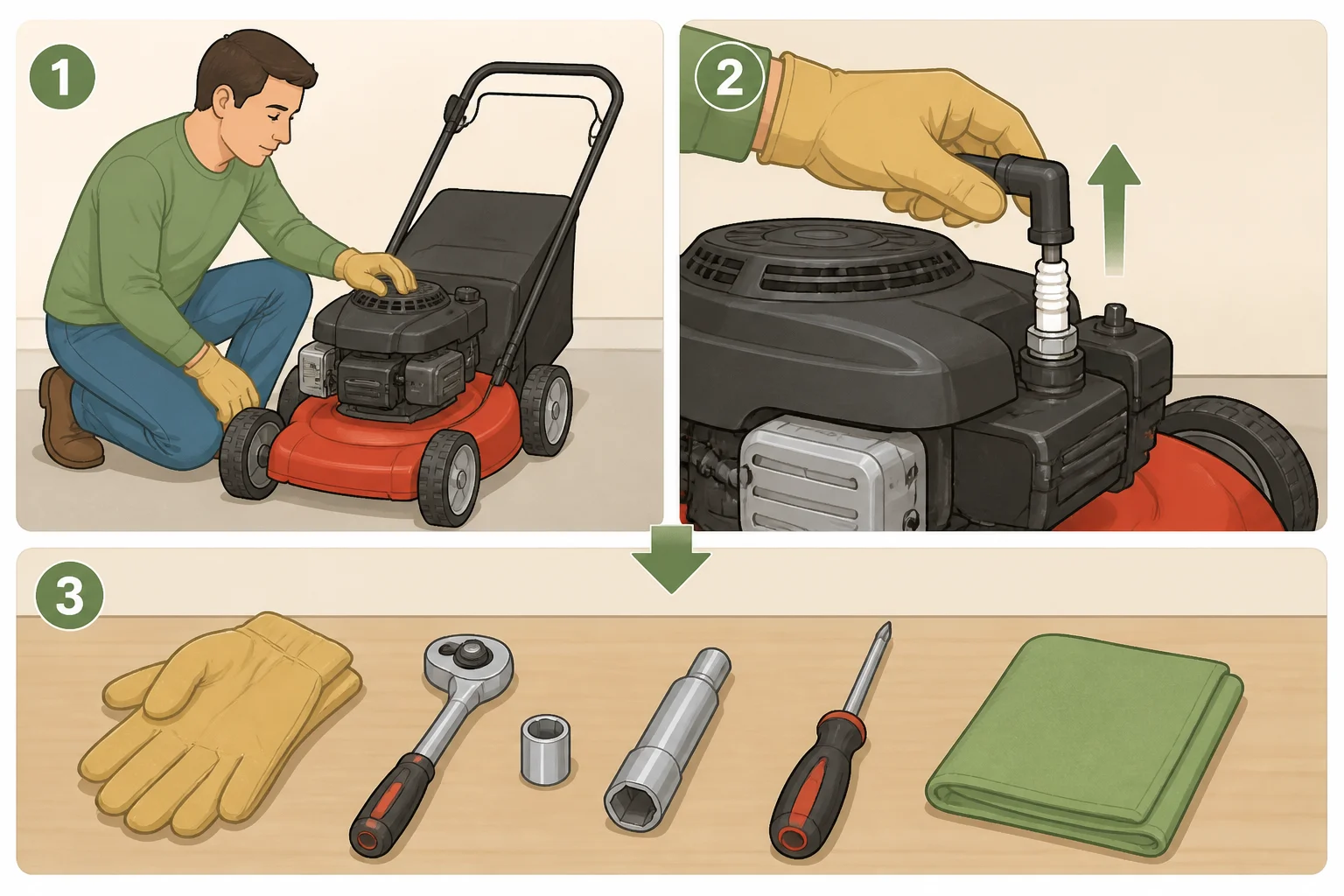 Safety setup for common push lawn mower problems and fixes: disconnect the spark plug wire, wear gloves, and lay out a spark plug socket, gap tool, wrench, and fuel container before checking the mower.