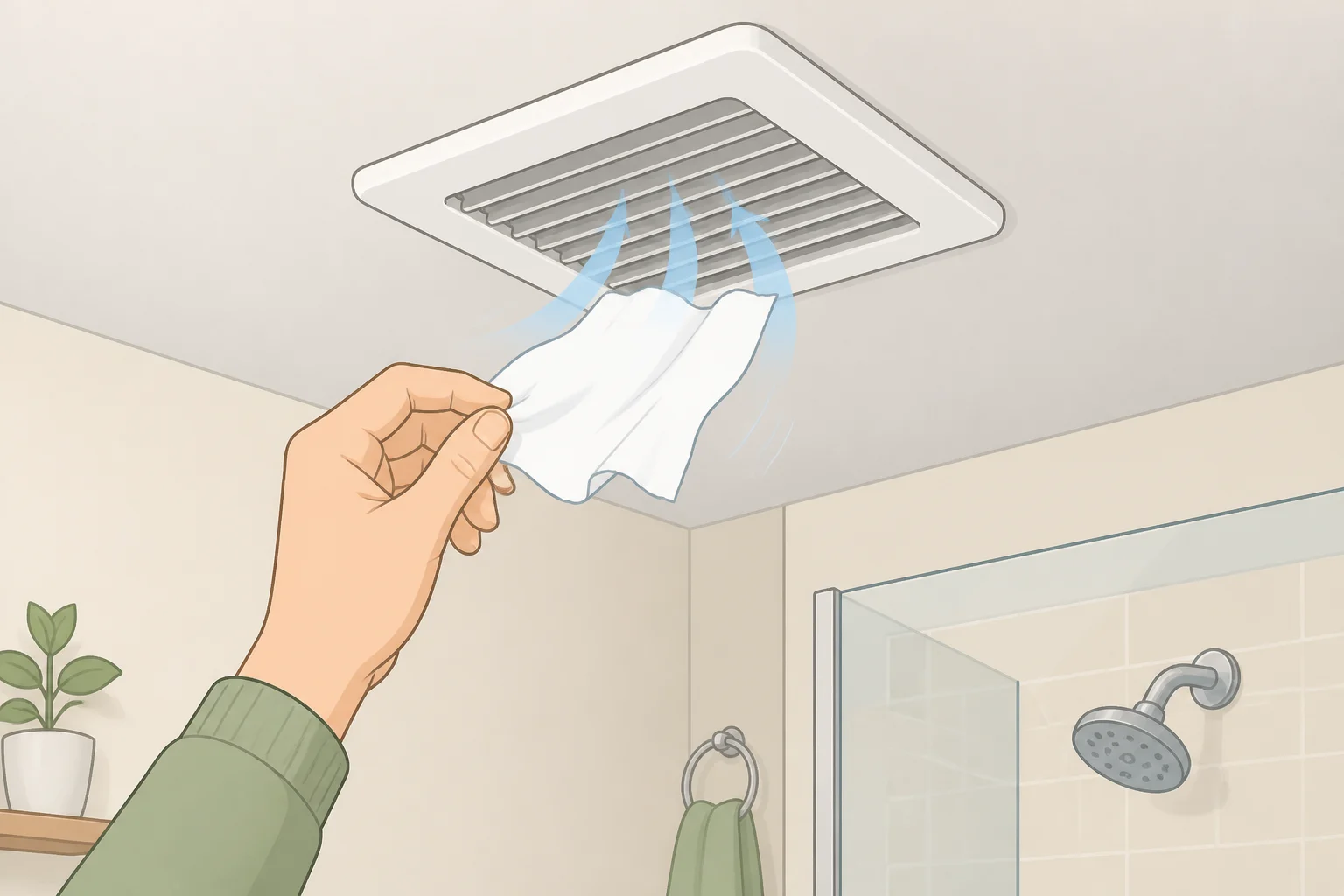 A homeowner testing exhaust-fan airflow in a bathroom by holding a tissue near the vent to see if air is pulled in, supporting the step for how to make a builder-grade bathroom look custom