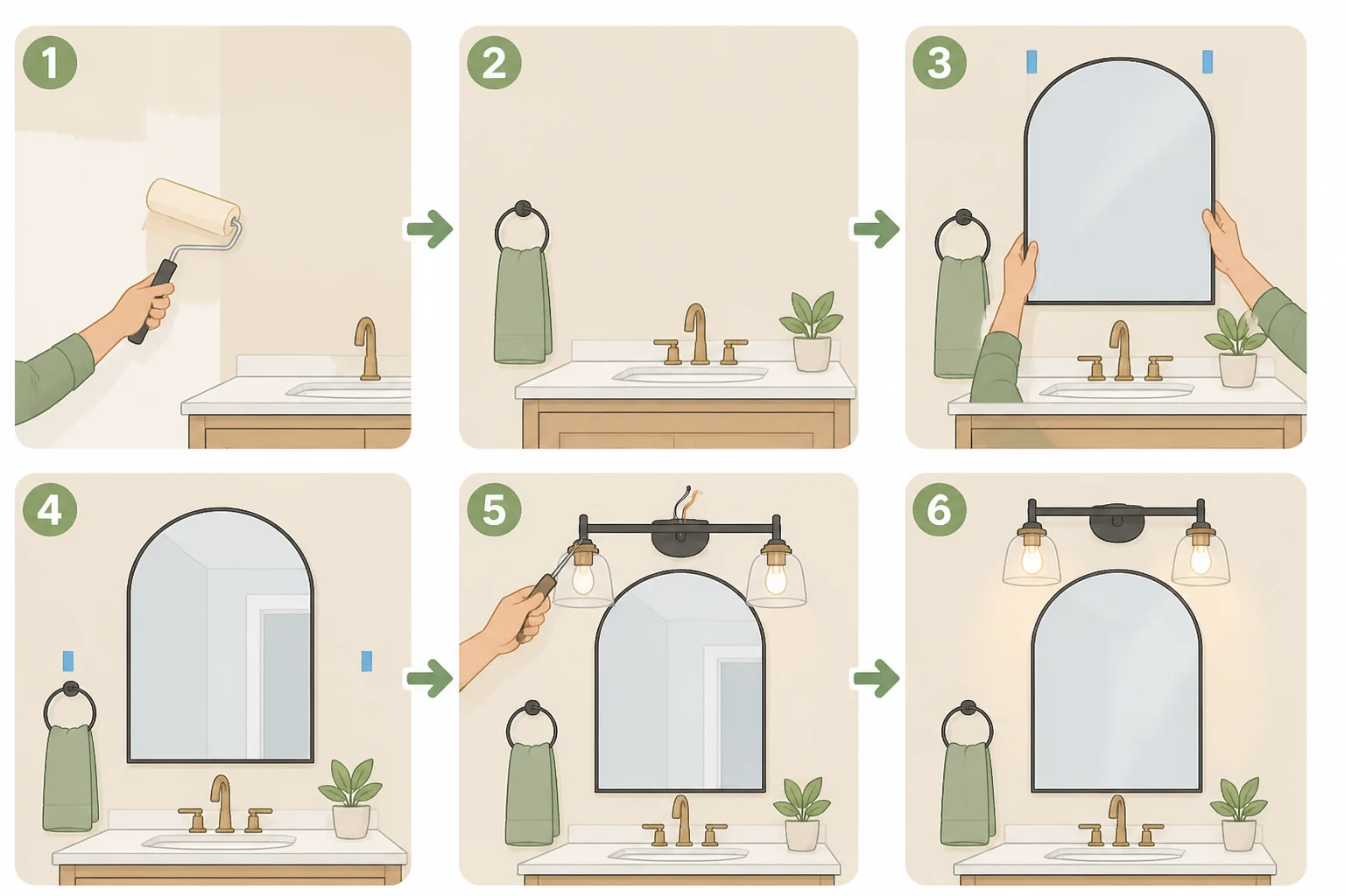 A staged install-order diagram showing the sequence of painting first, then mounting the mirror and light fixture together, and finishing with faucet/showerhead swaps