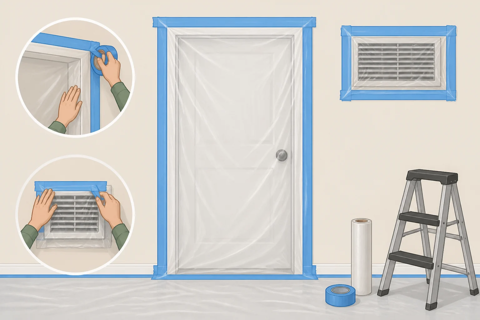 A DIYer sealing a bathroom work area with 6-mil poly sheeting taped at doorways and covering supply/return vents to prevent dust from entering HVAC