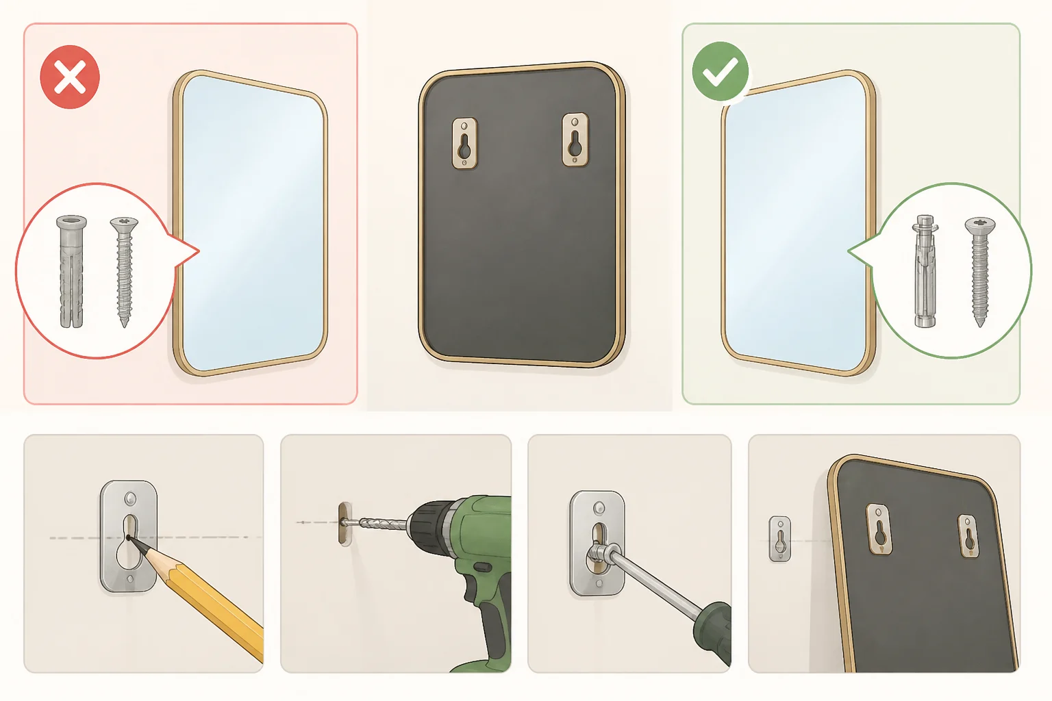A side-by-side view of common DIY bathroom install snags: mirror mounting hardware not rated for the mirror weight and a light fixture mounting plate that doesn’t match the electrical box screw pattern