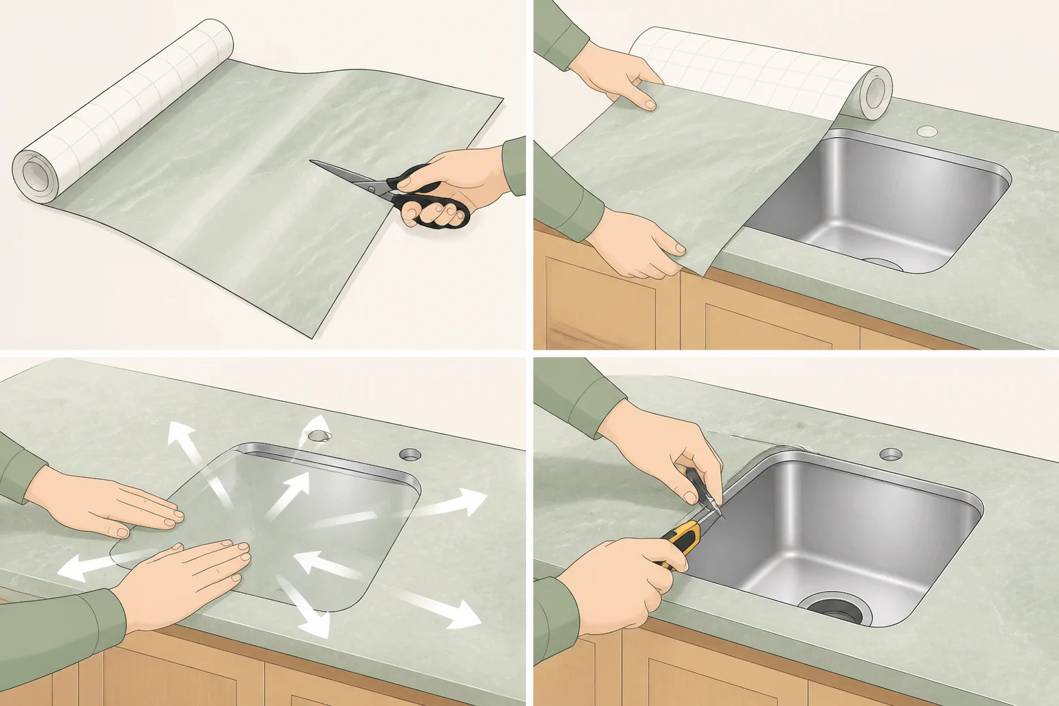 Close-up of applying contact paper/adhesive film to a sealed laminate countertop, smoothing outward with a plastic tool while leaving a careful opening around the sink cutout