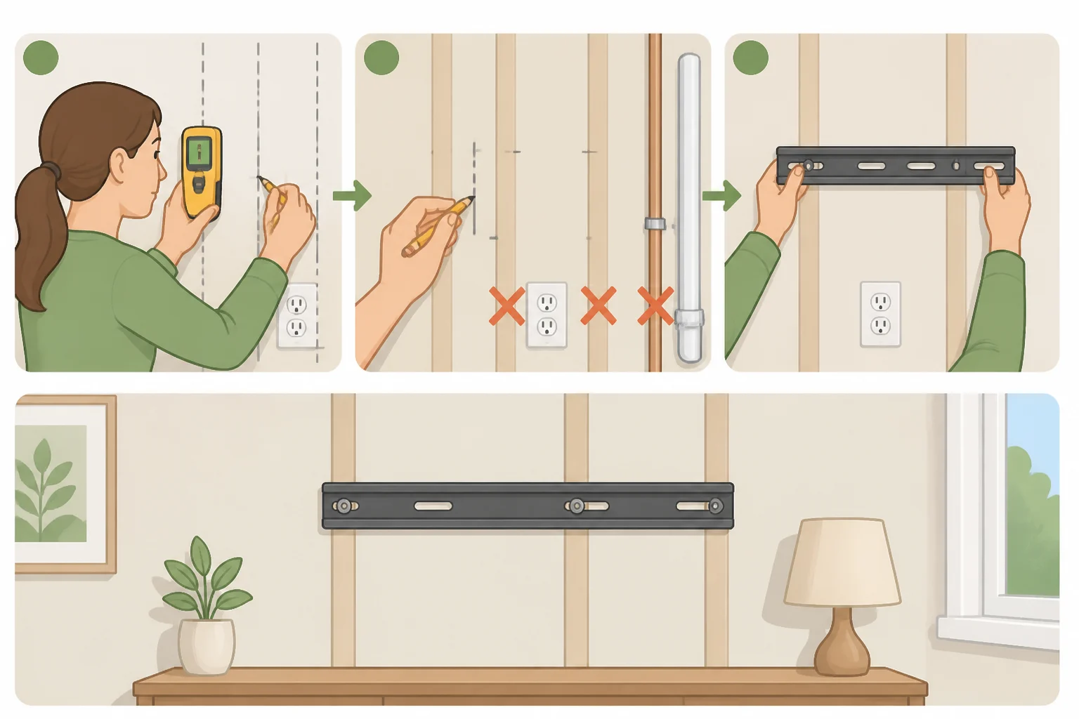 A person marking stud locations with a stud finder and positioning an open shelving bracket on drywall while keeping drills away from outlets, switches, and plumbing