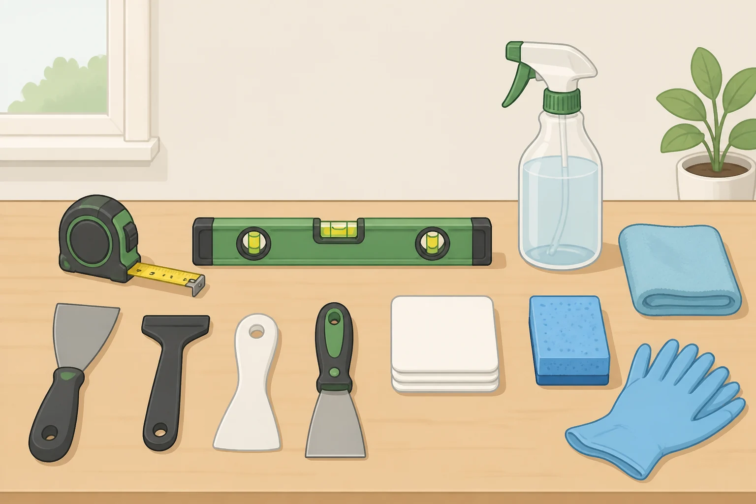 A checklist of tools for small rental apartment decorating ideas, including painter's tape, level, stud finder, utility knife, hair dryer, plastic scraper, spackle, fine-grit sandpaper, and surface-safe cleaner
