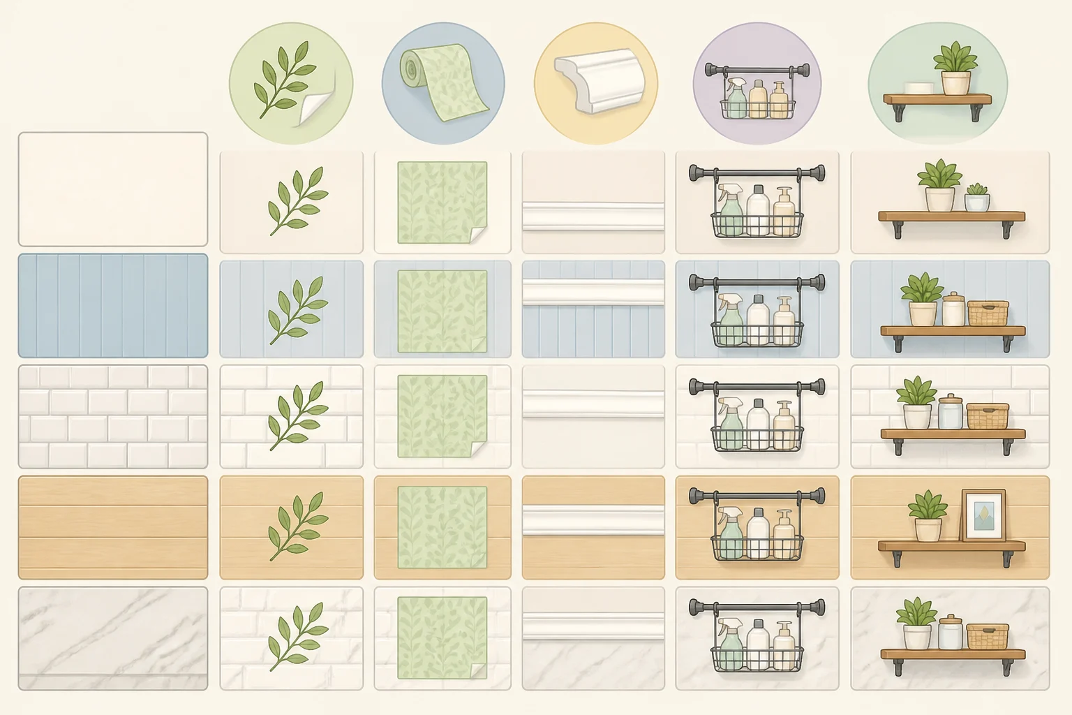 A visual chart showing which small apartment projects (removable decals, countertop film, board-and-batten trim, freestanding tension-rod storage, and wall-mounted open shelving) match common surfaces like painted drywall and sealed laminate