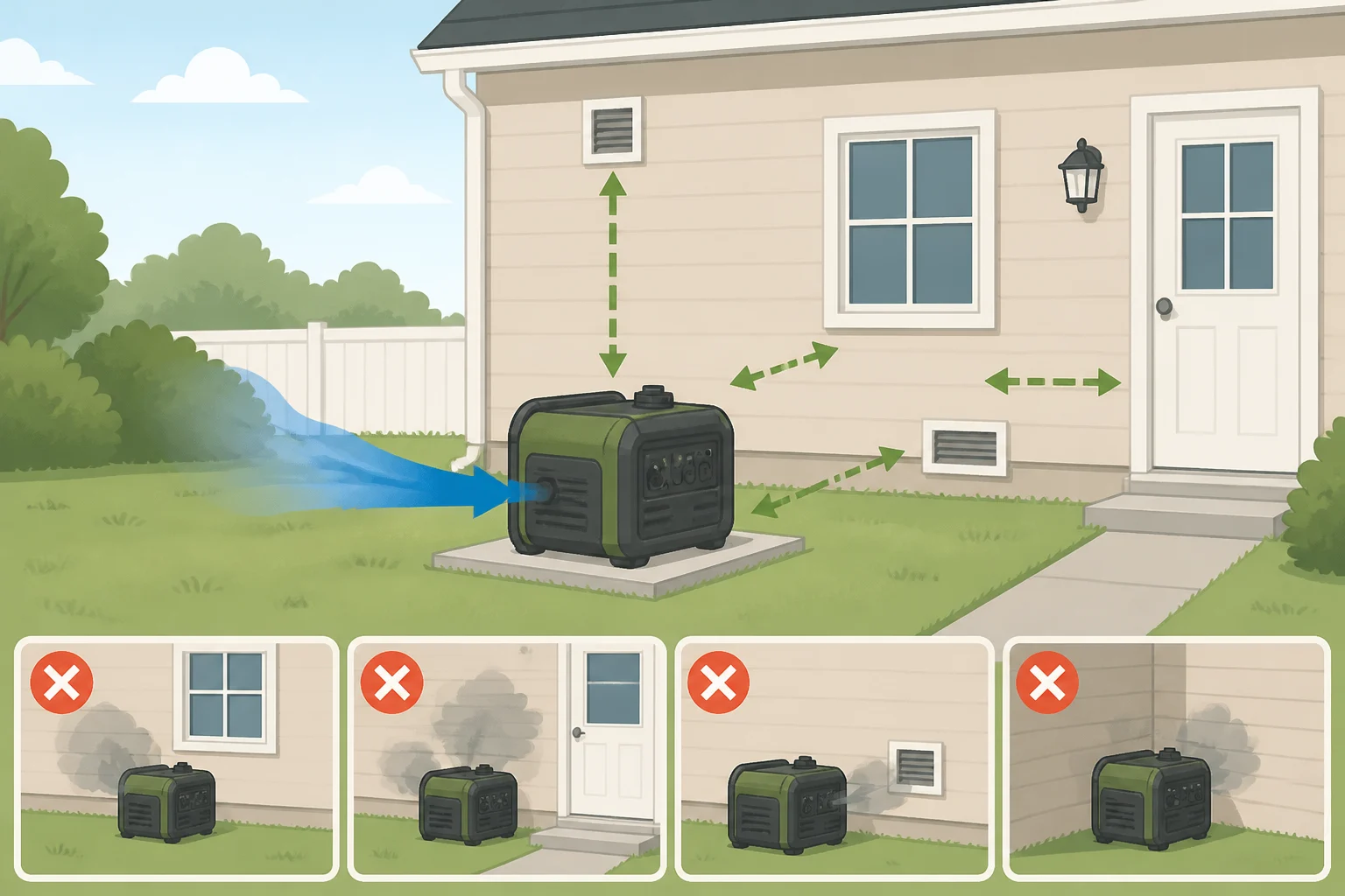 Outdoor generator setup with clear 20-foot distance from the house and exhaust directed away from windows, doors, and vents