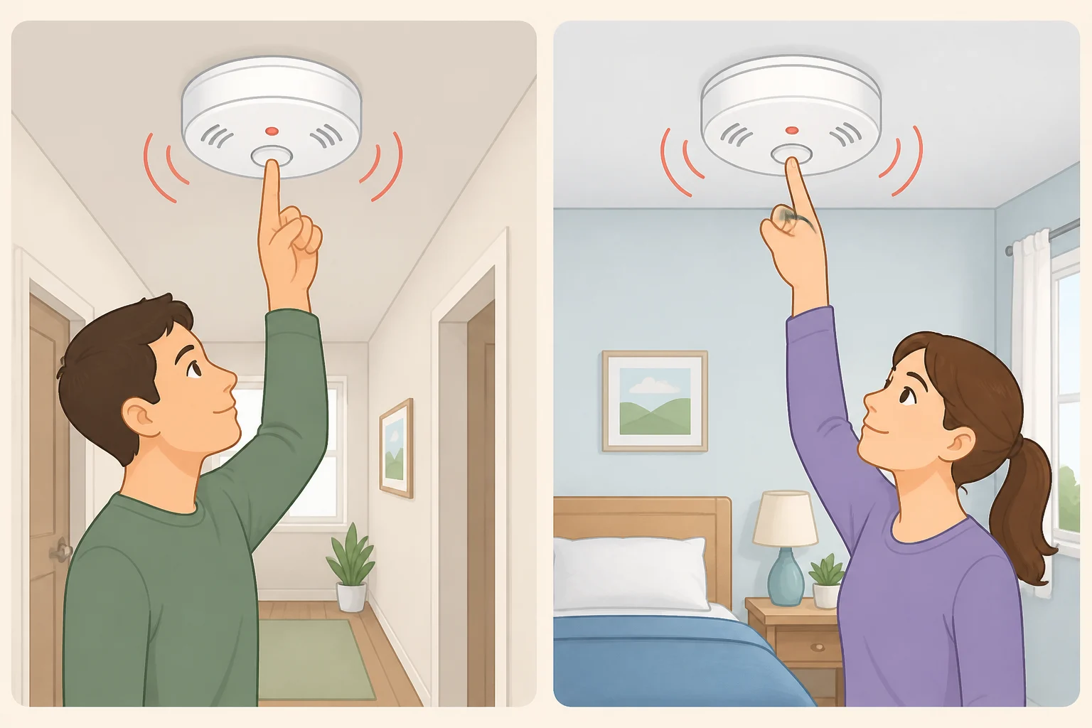 A close-up of a hand pressing the test button on smoke and carbon monoxide alarms mounted around the home