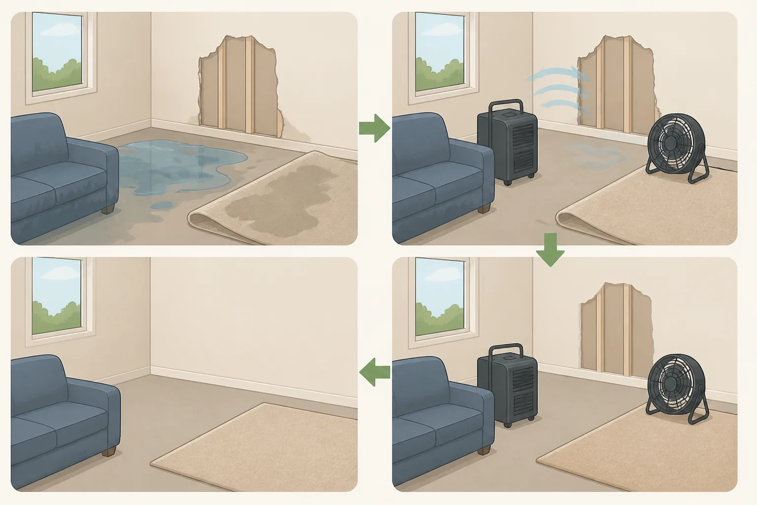 Fan and dehumidifier drying a water-damaged room after shutting off the water source, highlighting essential home maintenance and repair tips for preventing mold growth
