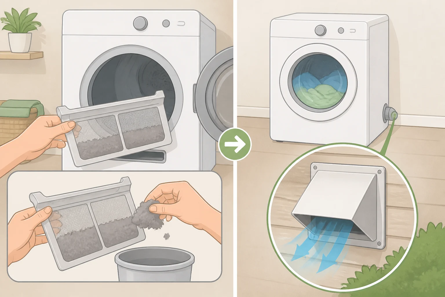 A dryer showing the lint filter being cleaned and the outdoor vent flap opening during a dryer cycle