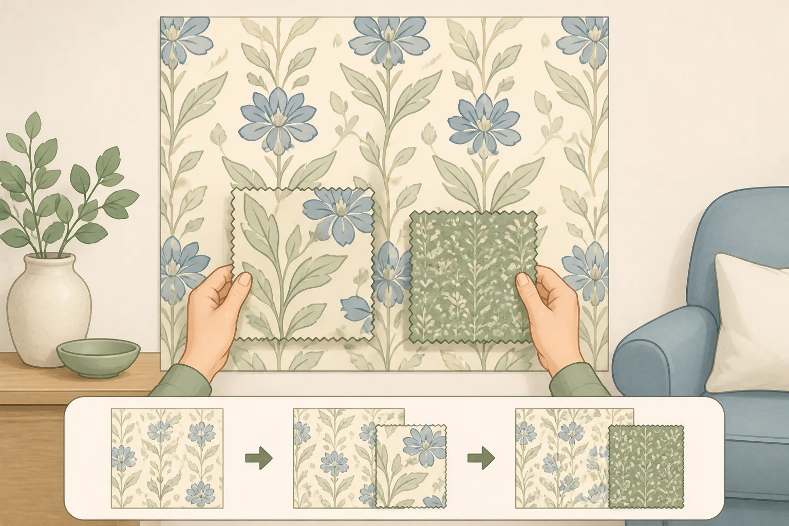 Side-by-side wallpaper and fabric swatches showing how a large floral repeat pairs with a smaller stripe to avoid pattern competition