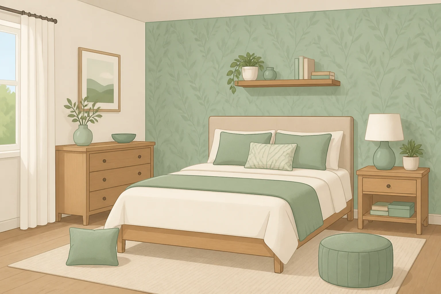 Example room layout for how to match wallpaper with paint and decor by repeating one wallpaper accent color in trim, cushions, lamp base, and artwork