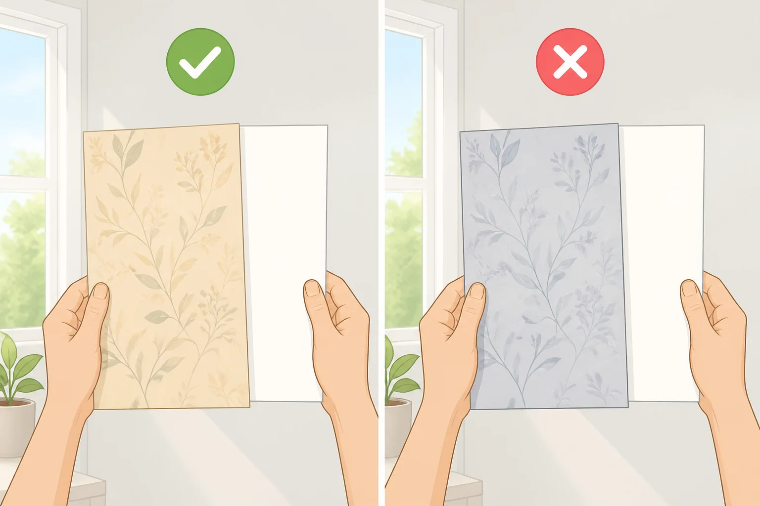 Wallpaper sample held beside a white paper sheet to reveal whether the print reads warm or cool