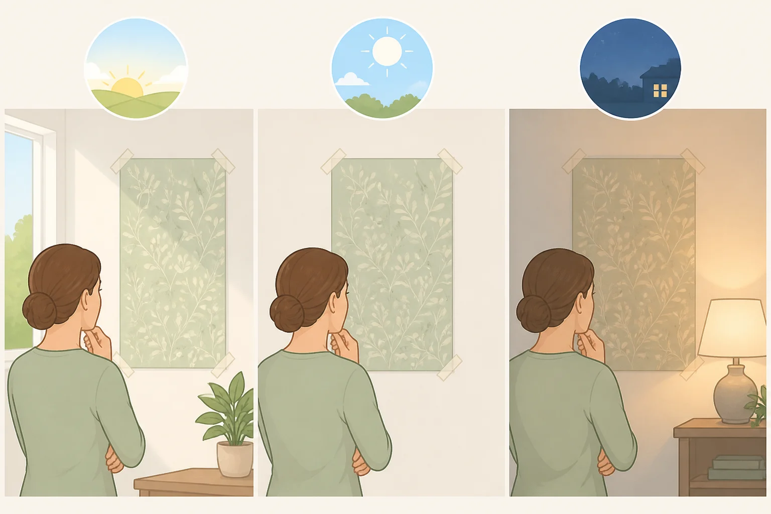 Wallpaper sample taped to a wall with photos or indicators of morning daylight, midday light, and evening lamp illumination