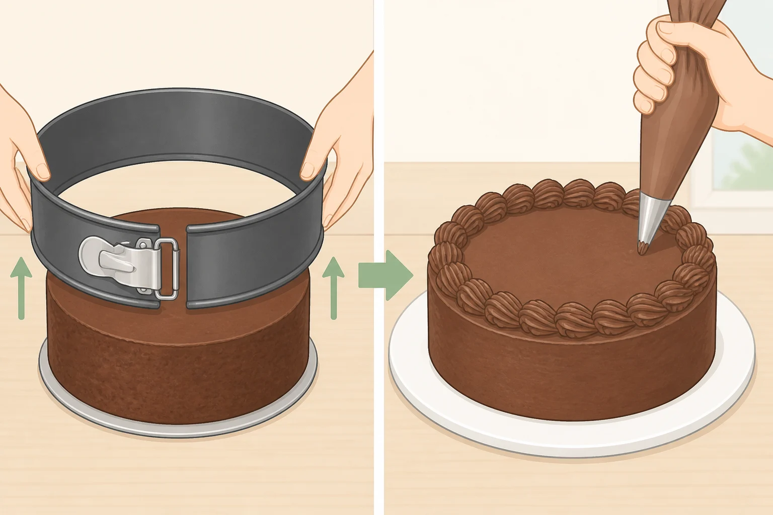 Springform ring removed from a cooled cookie cake and a French star tip piping a chocolate frosting border for a sliceable result
