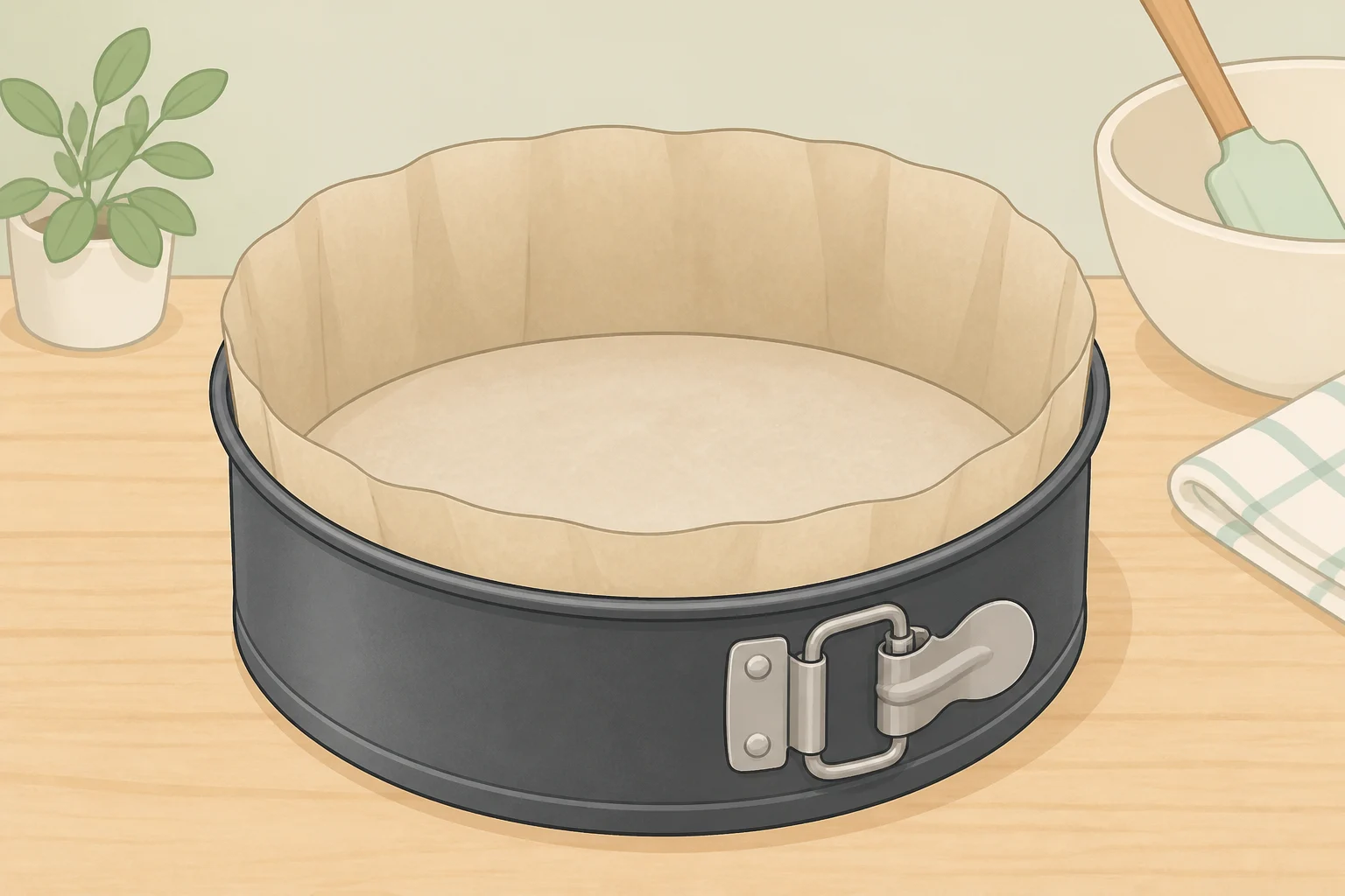 Set-up for a chocolate chip cookie cake recipe: a parchment-lined 9-inch springform pan placed on a rimmed baking sheet