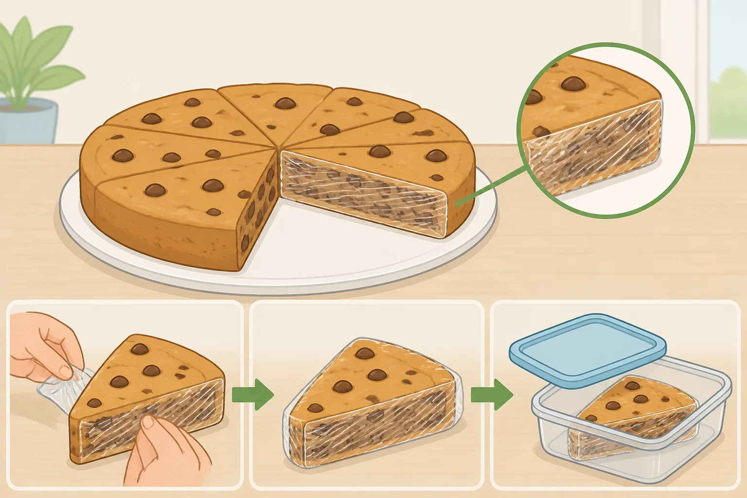 Sliced chocolate chip cookie cake recipe stored with plastic wrap pressed against exposed edges to keep the moist center