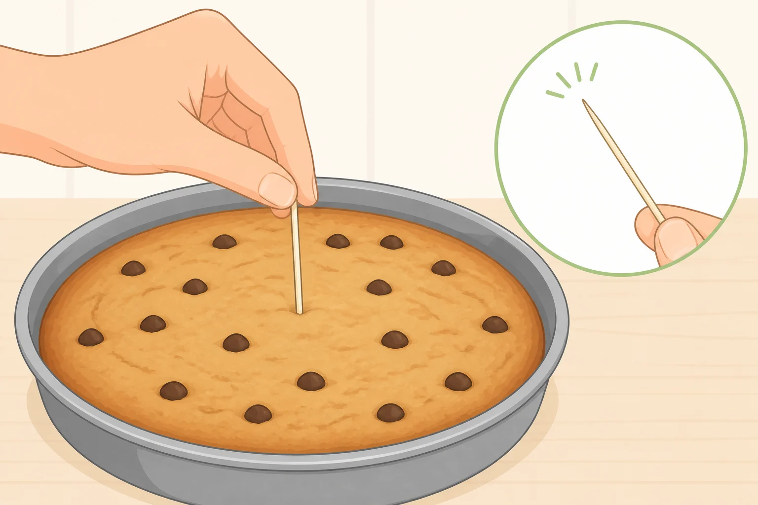 Close-up of a 9-inch chocolate chip cookie cake with lightly golden edges and a toothpick showing moist crumbs instead of wet batter