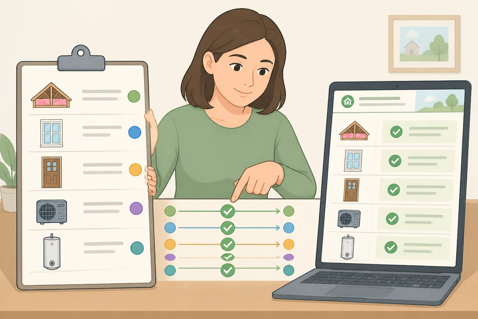 Illustration of a side-by-side comparison of a written energy audit report and a rebate program checklist, with highlighted lines for approved upgrades, income tiers, and preapproval steps