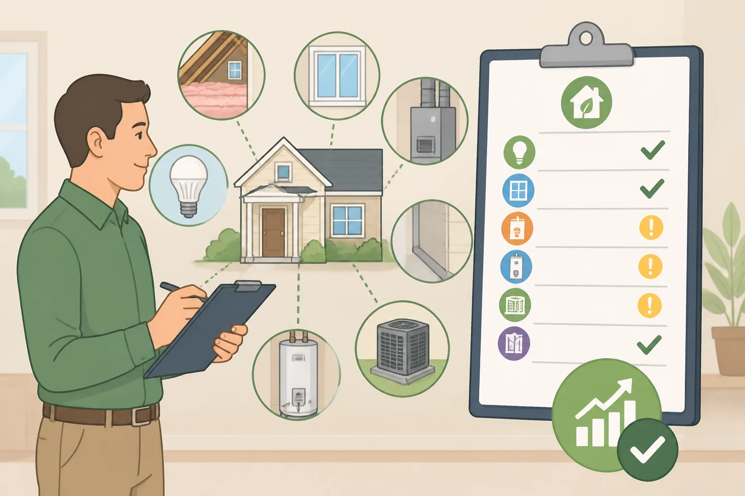Illustration of a home energy audit walkthrough with an assessor checking insulation, air leaks, and appliances, then writing prioritized upgrade recommendations in a written report